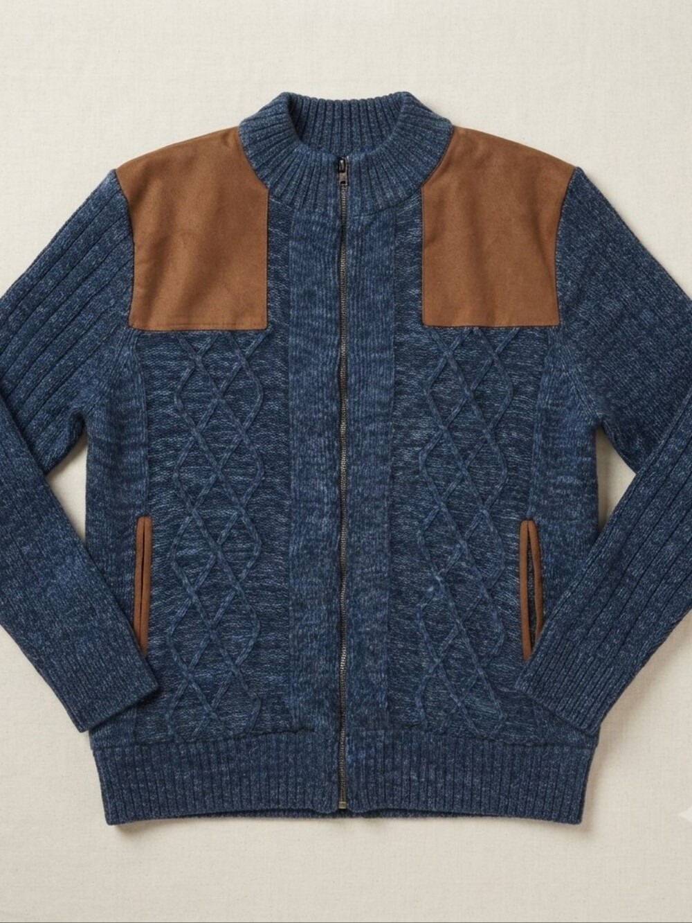 Weatherproof Men's Blue Brown Cable Knit Full Zip Mock Neck Sweater Size XL